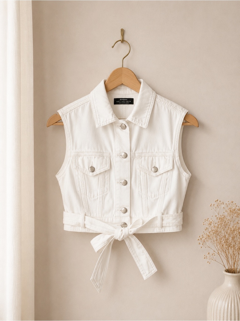 Cropped White Tie-Waist Denim Vest